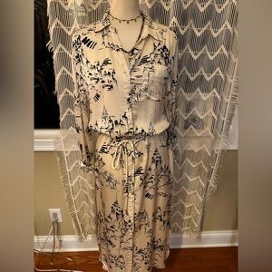 Beige and Black Patterned Shirt Dress